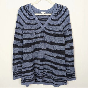 J Jill XL Pullover Striped Sweater Pullover Chunky Knit Blue 100% Cotton V Neck